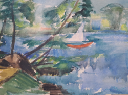 Sailing boat (full size 53x38 cm) watercolor, spring landscape, waterfront
