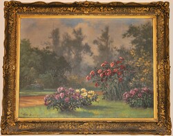 Mihály Székely Tordai (1890-1940) park detail with flowers oil on canvas (size: 98x73 - without frame)