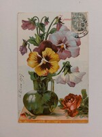Régi képeslap dombornyomott 1907 virágos levelezőlap árvácska