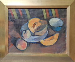 Sárgadinnyés csendélet - olaj, farost (szép kerettel  51x62 cm) gyümölcs, dinnye, modern