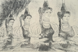 Girls in folk costume, 1962 (with frame 23x18 cm) miniature etching