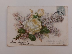 Régi dombornyomott képeslap levelezőlap rózsa orgona