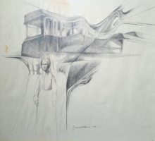 Gnandt István (1952-): Álom az autóbuszról, 1978 (ceruzarajz) Stefan Gnandt, erdélyi festő, Szatmár
