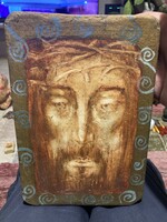 Régi antik ? Aranyozott kézzel festett Jézus ikon icon  préselt fara
