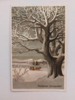Régi karácsonyi képeslap 1952 levelezőlap havas tájkép lovasszán