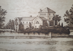 Graphics of Tata Castle (etching) by József Bencsik Varga (1944-), signed, numbered - lakeside castle