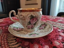 Álomszép rózsás belül 100% ban arannyal festett antik vintage teás/kávés porcelán csésze + alj