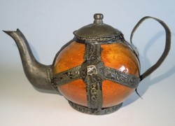 Régi retró vintage fém mázas égetett cserép kerámia dekoráció mini teáskanna kanna kancsó
