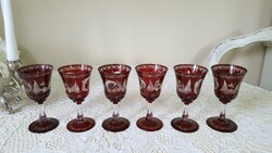 Bohemia egermann polished, etched, ruby-colored stemmed glass 6 pcs.