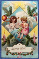 Antik dombornyomott Karácsonyi üdvözlő képeslap kisleány játék babával angyalka fenyőág keretben