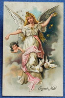 Antik dombornyomott Karácsonyi litho üdvözlő képeslap angyal csillagokat szór puttó és galamb is