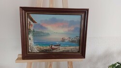 (K) beautiful Mediterranean painting, sea, harbor 48x38 cm with frame