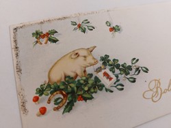 Régi újévi mini képeslap üdvözlőkártya malac lóhere