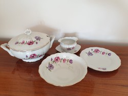 Régi porcelán szellőrózsás vintage rózsás étkészlet leveses tál szószos 4 db