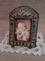 Antique micromosaic millefiori Murano glass picture frame display case with a lovely angel's face inside