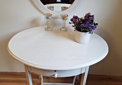 Antique, oval-shaped, white, storage table with drawers, dressing and make-up table, salon table.