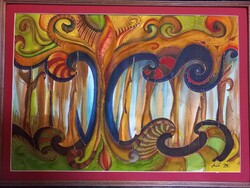 Nagy Imola (1976-): Erdő. Akvarell, kontúrfesték, karton, jelezve jobbra lent, hátoldalán autográf