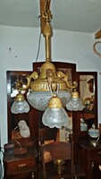 120 years old, old, 4-burner, antique, copper chandelier. 3 Pcs. Polished, bell, with crystal dome, large middle one.