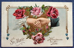 Antique embossed greeting litho postcard gold heart holding hands rose on the feast of Mary