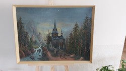 Fairytale landscape painting with a small church 82x63 cm with frame