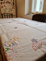 Old embroidered table cloth with gnome and mushroom pattern 135 x 180