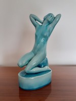 Old Zsolnay porcelain longing woman blue sitting female nude statue