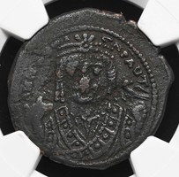 Byzantine bronze coin, maurice tiberius, 582-602, ae follis, with ngc certificate