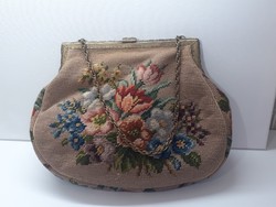 Antik valódi gobleinből készült táska gazdagon díszített réz csattal, vintage virágos goblein táska