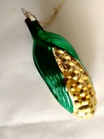 Régi cseh kézzel festett zöld aranysárga üveg kukorica karácsonyfadísz 9 cm ritka