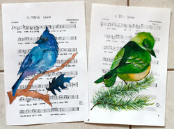 Két darab kottára festett madárka egyben - akrilfestmény