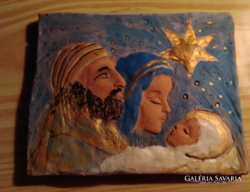 The holy family, the birth of Jesus - ceramic, clay tiny painted relief