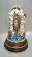 It's raining!!! Antique old nun work convent work Maria wax statue under a glass hood on a wooden base