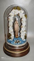 Antique old nun work convent work Maria wax statue under a glass hood on a wooden base