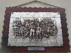 Embossed silver-effect metal wall picture mounted on wood, inspired by a Rembrandt painting