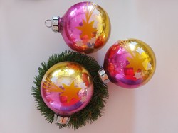 Old glass Christmas tree decoration with stars, pink gold sphere glass decoration 3 pcs