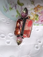 Studded 925 modern design silver ring with mineral, biwa pearl, glass stones size 56