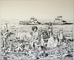 Rékassy Csaba (1937-1989) Camping (1980) című rézmetszete /31,5x39 cm/