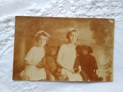 Antique sepia photo sheet, little girls / brothers playing with teddy bear, circa 1900