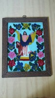 Old Transylvanian stained glass icon with wooden frame