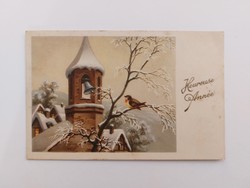 Régi karácsonyi képeslap 1945 levelezőlap havas táj templom kismadár harang