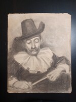 Spanyolgalléros férfi portréja (28x35 cm) kétoldalas kép, szénceruza, portré