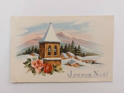 Régi karácsonyi képeslap levelezőlap havas táj templom rózsa