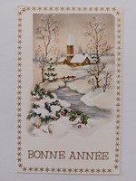 Old Christmas card postcard snowy landscape church stream little bird
