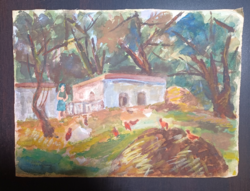 Ilona Altai: garden house with chickens (42x31 cm) watercolor, two-sided picture