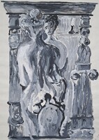 Akt tükörben (tempera) antik oszlopfők, ókori hangulat - 1974