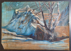 Alpine hut, labeled oil painting (37.5x27 cm) snowy, winter landscape