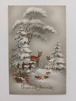 Old Christmas postcard postcard snowy landscape deer little bird