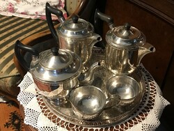 Silver-plated six-piece set, tea, coffee, hot chocolate pot, cream pourer, sugar bowl, tray