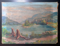 Lakeside - oil on canvas (41x31 cm) waterside landscape