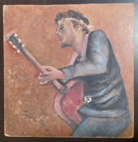 Guitarist, 1991 (25x25 cm) tempera, fiberboard - musician painting